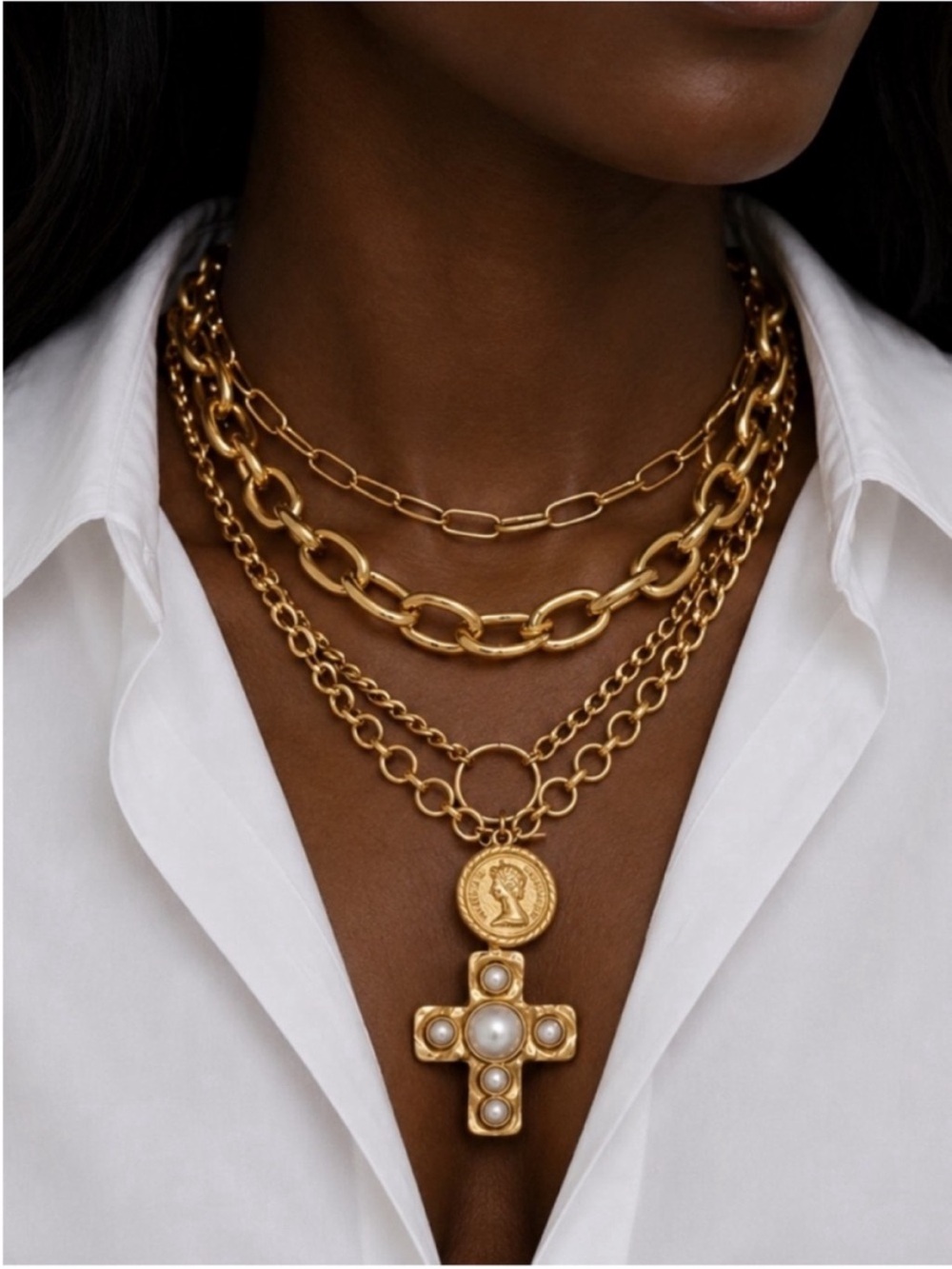 New! Gold Vintage Coin Cross Necklace Stack Set NWOT (1006)